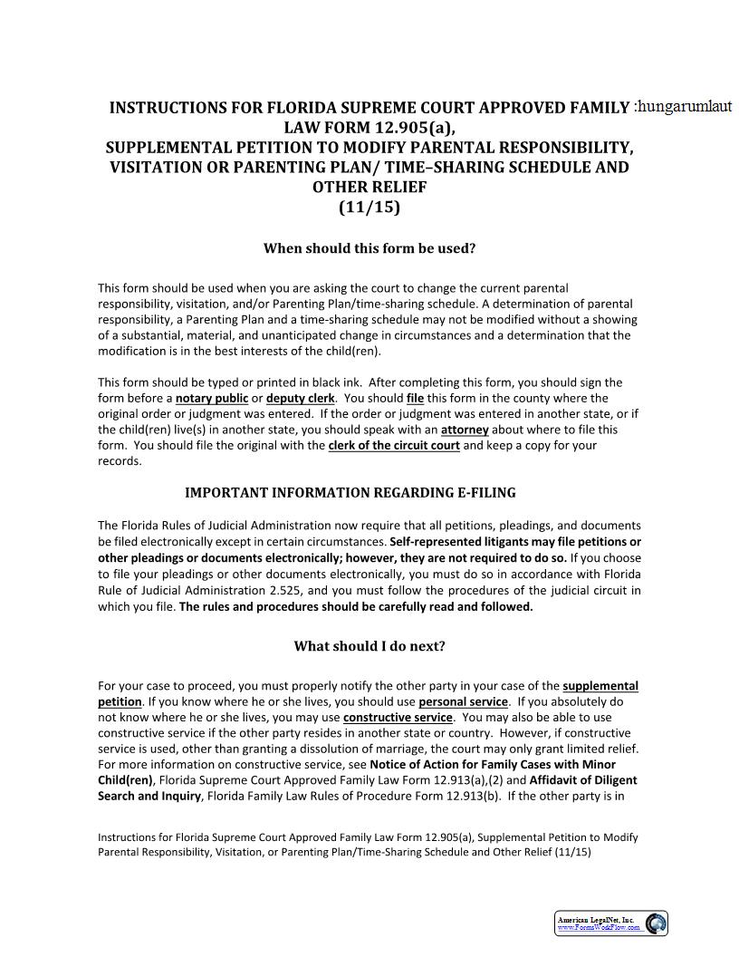 Supplemental Petition To Modify Parenting Plan Time Sharing Other Relief {12.905(a)} | Pdf Fpdf Docx | Florida