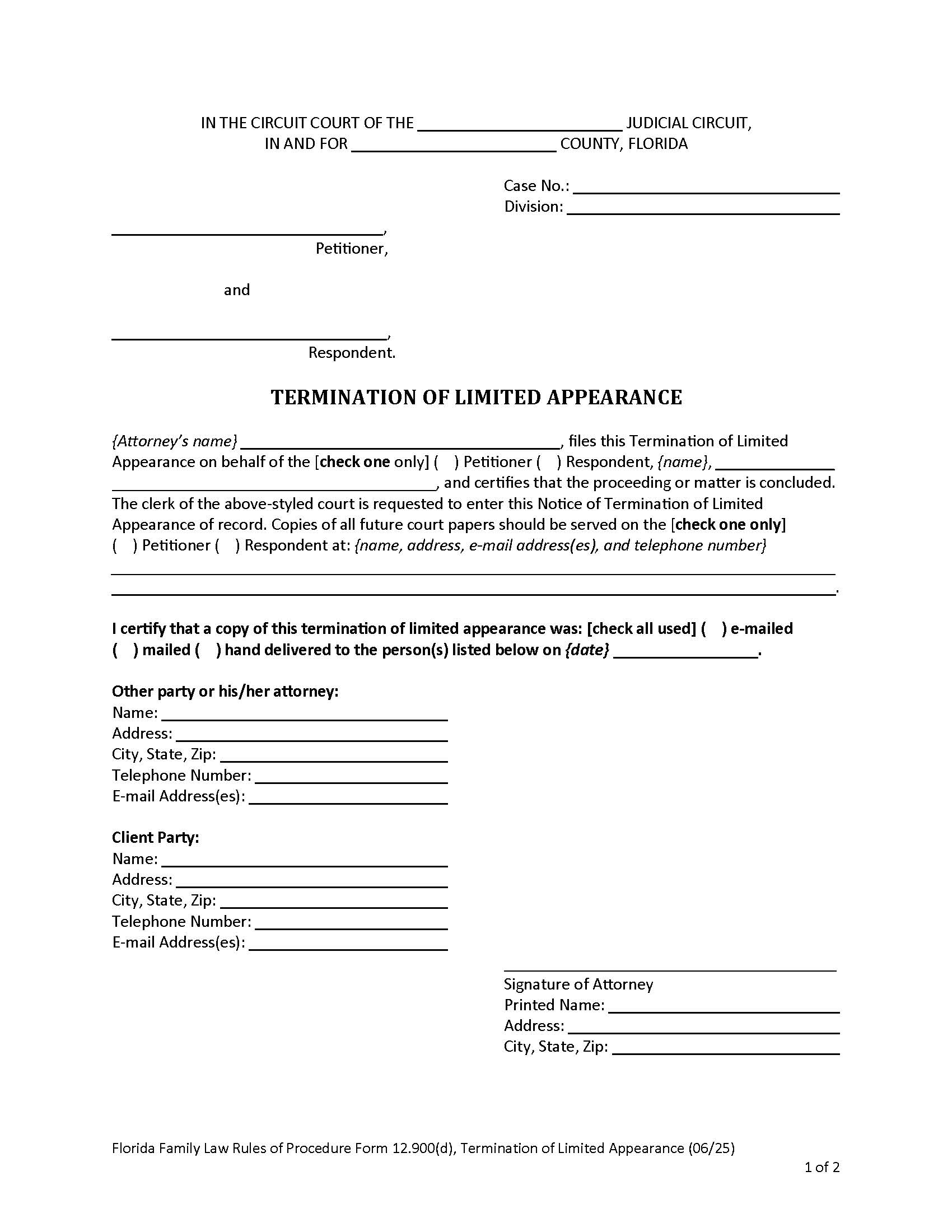 Termination Of Limited Appearance {12.900(d)} | Pdf Fpdf Doc Docx | Florida