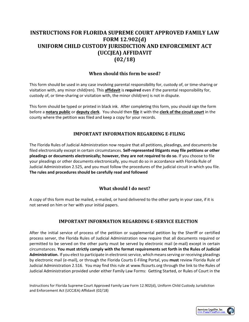 Uniform Child Custody Jurisdiction Act (UCCJA) Affidavit w-Instructions {12.902(d)} | Pdf Fpdf Docx | Florida