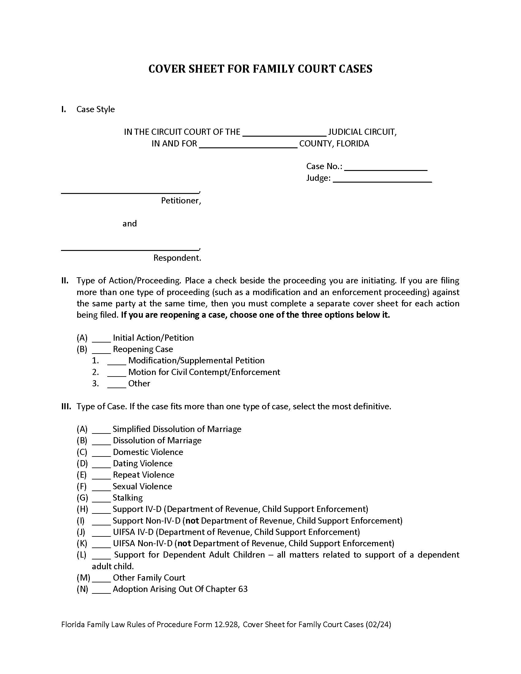 Cover Sheet For Family Court Cases {12.928} | Pdf Fpdf Doc Docx | Florida