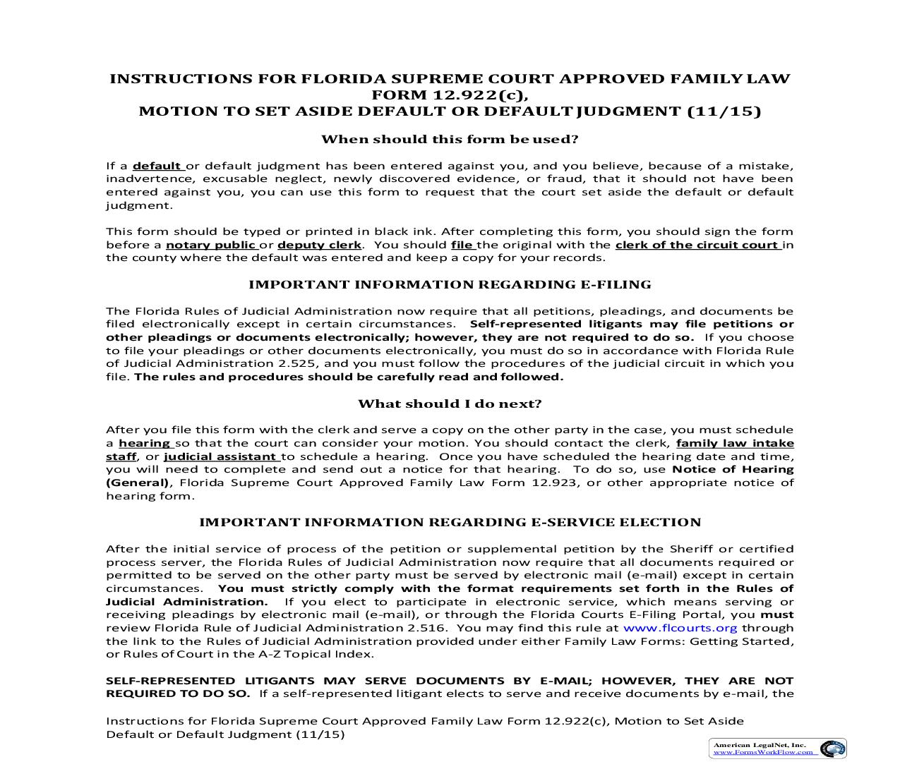 Motion To Set Aside Default Or Default Judgment w-Instructions {12.922(c)} | Pdf Fpdf Doc Docx | Florida