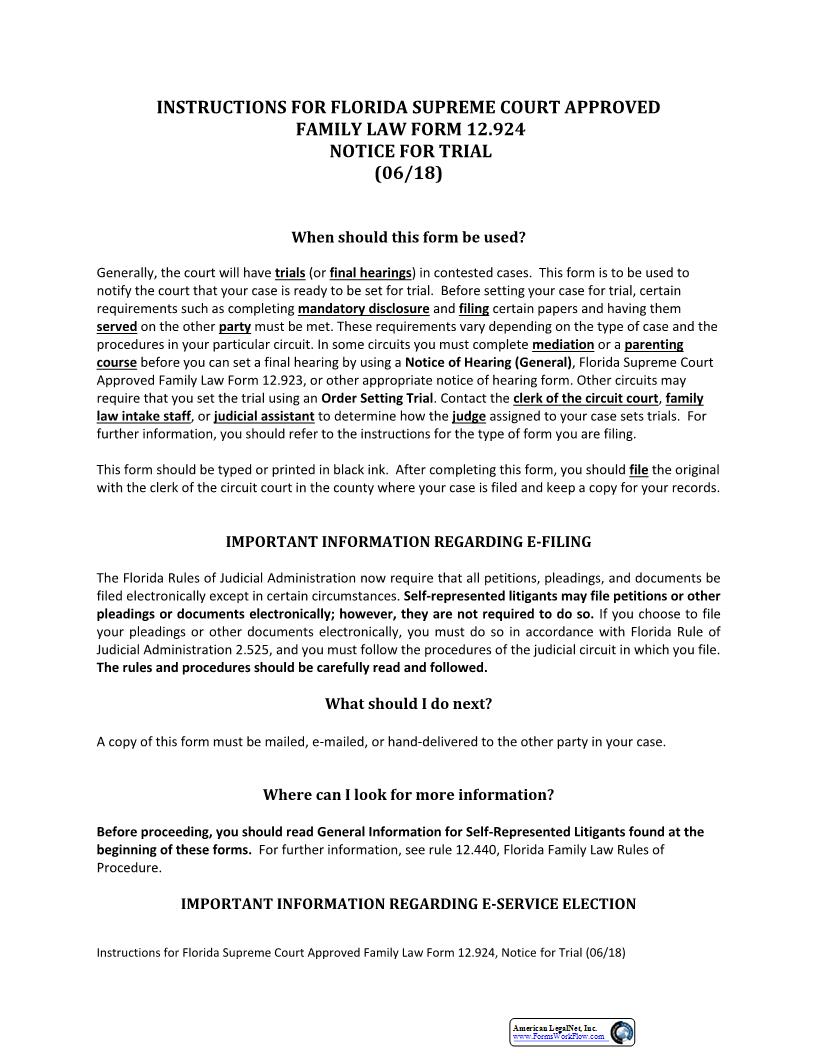 Notice For Trial w-Instructions {12.924} | Pdf Fpdf Docx | Florida