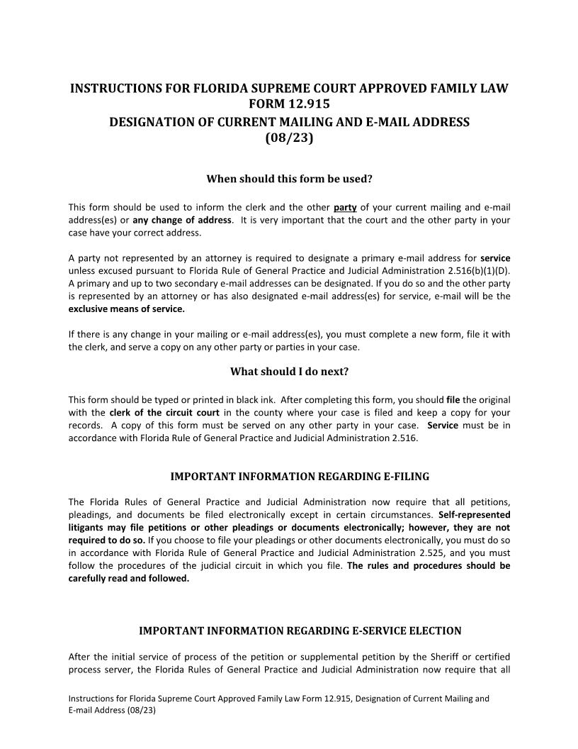 Designation Of Current Mailing and Email Address {12.915} | Pdf Fpdf Docx | Florida