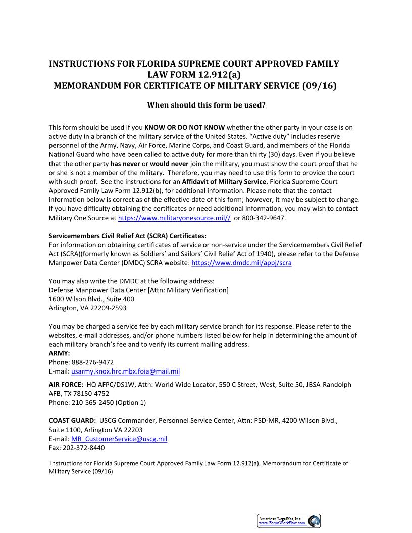 Memorandum For Certificate Of Military Service w-Instructions {12.912(a)} | Pdf Fpdf Docx | Florida