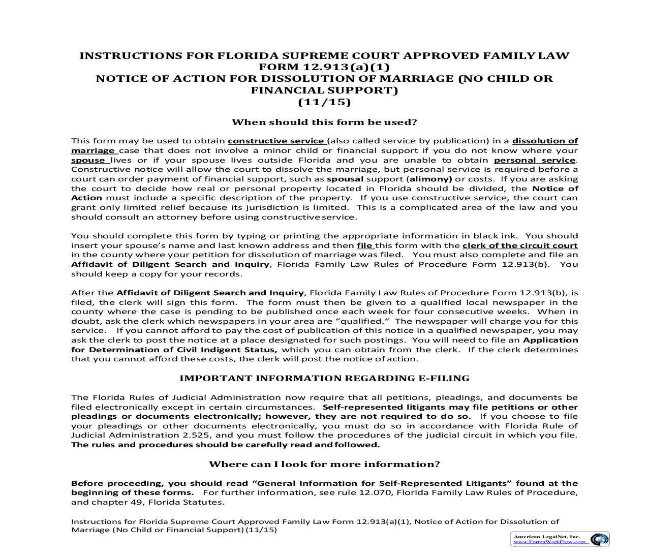 Notice Of Action For Dissolution Of Marriage (No Child Or Financial Support) {12.913(a)(1)} | Pdf Fpdf Doc Docx | Florida