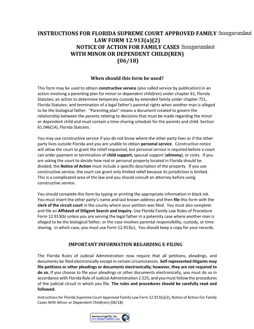 Notice Of Action For Family Cases With Minor Child(ren) {12.913(a)(2)} | Pdf Fpdf Docx | Florida