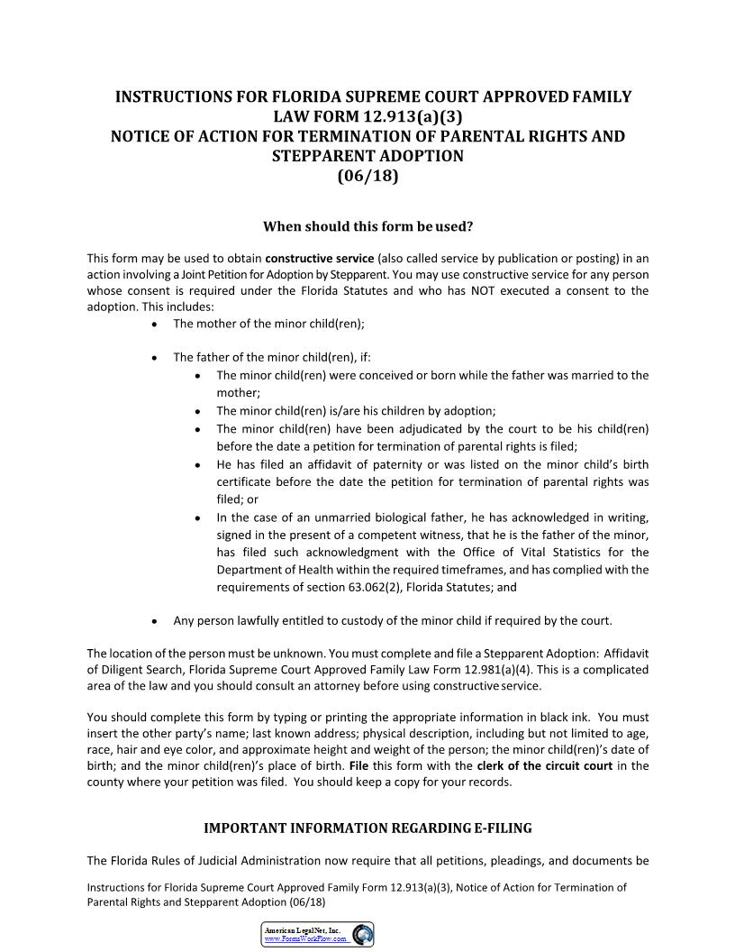Notice Of Action For Termination Of Parental Rights Stepparent Adoption {12.913(a)(3)} | Pdf Fpdf Docx | Florida