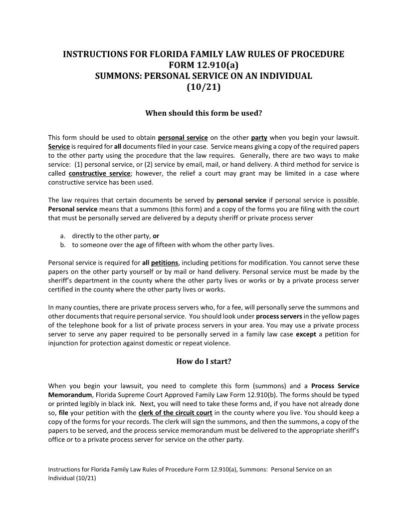 Summons Personal Service On An Individual w-Instructions {12.910(a)} | Pdf Fpdf Doc Docx | Florida