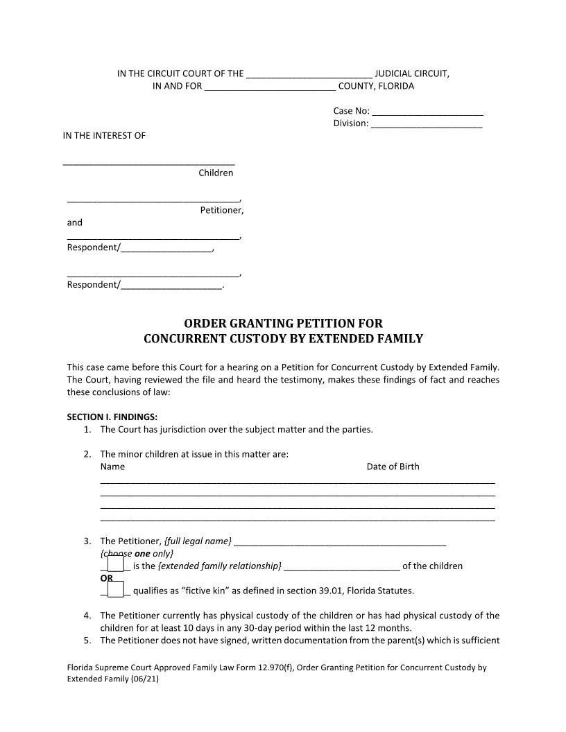 Order Granting Petition For Concurrent Custody By Extended Family {12.970(f)} | Pdf Fpdf Docx | Florida