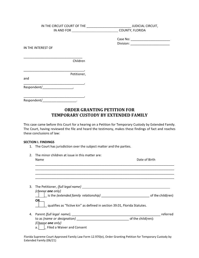 Order Granting Petition For Temporary Custody By Extended Family {12.970(e)} | Pdf Fpdf Docx | Florida