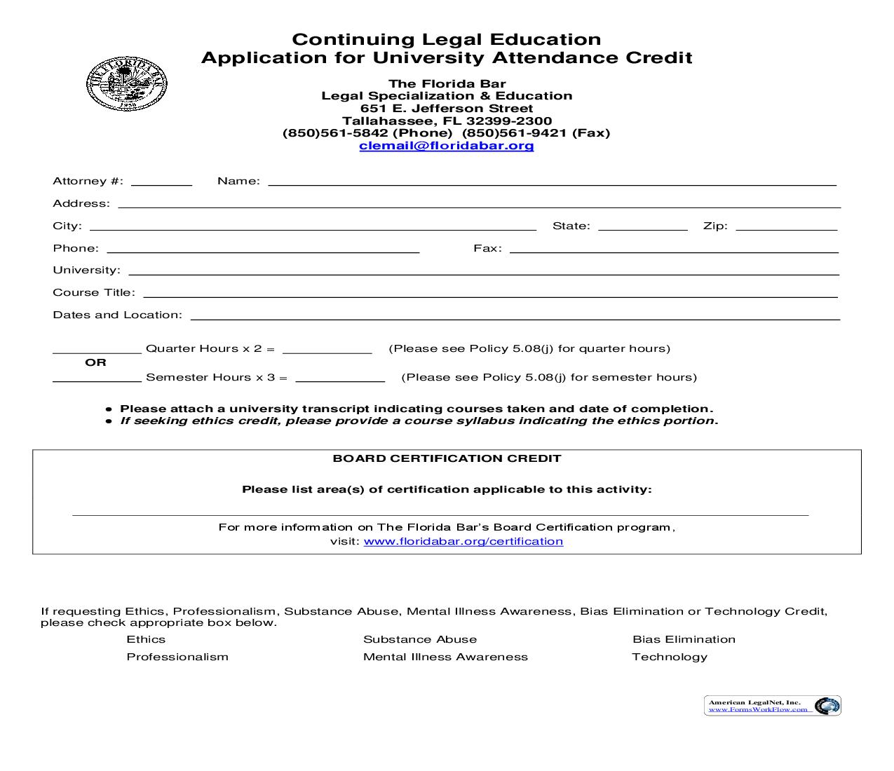 Application For University Attendance Credit | Pdf Fpdf Doc Docx | Florida