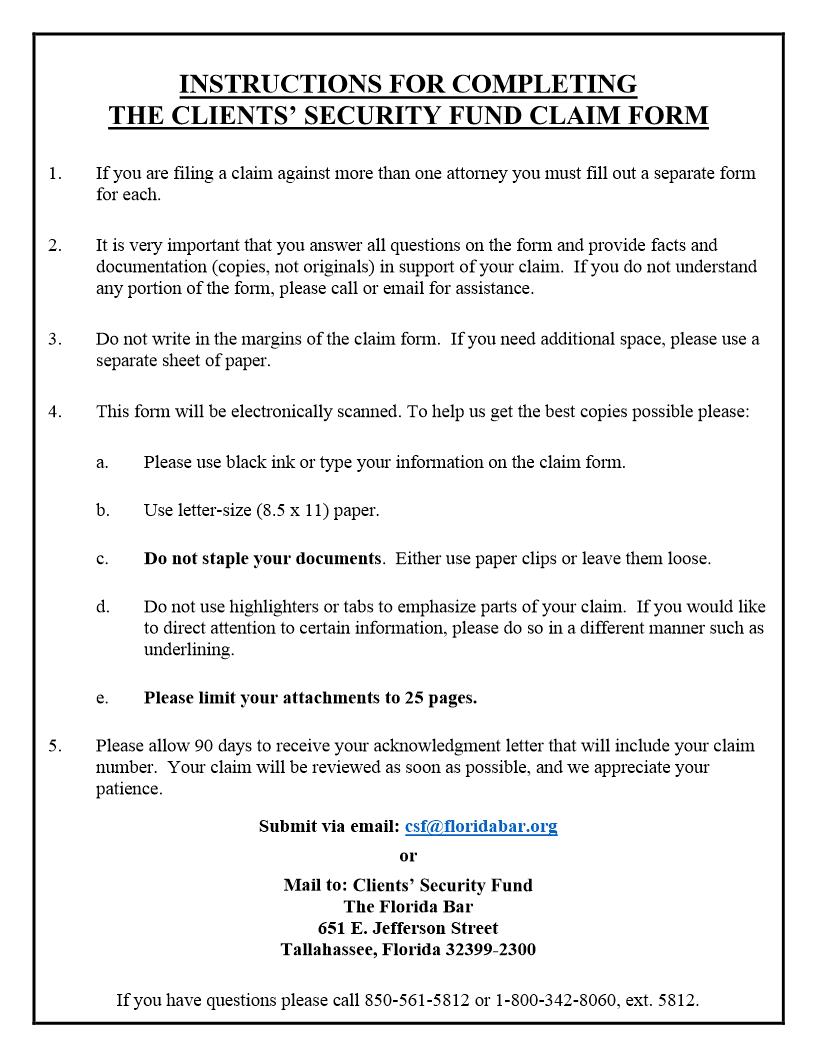 Florida Bar Clients Security Fund Statement Of Claim | Pdf Fpdf Docx | Florida