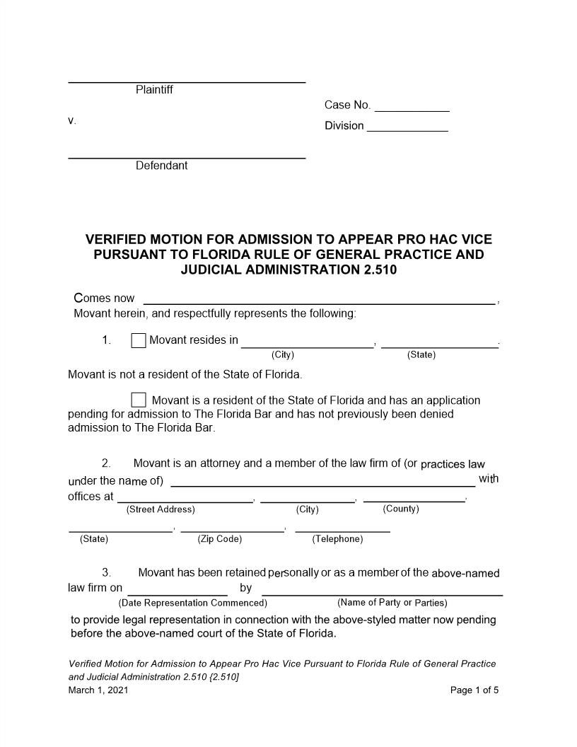 Verified Motion For Admission To Appear Pro Hac Vice {2.510} | Pdf Fpdf Docx | Florida