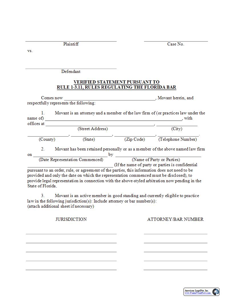 Verified Statement Pursuant To Rule 1-3.11 Rules Regulating Florida Bar (Arbitration Proceedings) | Pdf Fpdf Docx | Florida