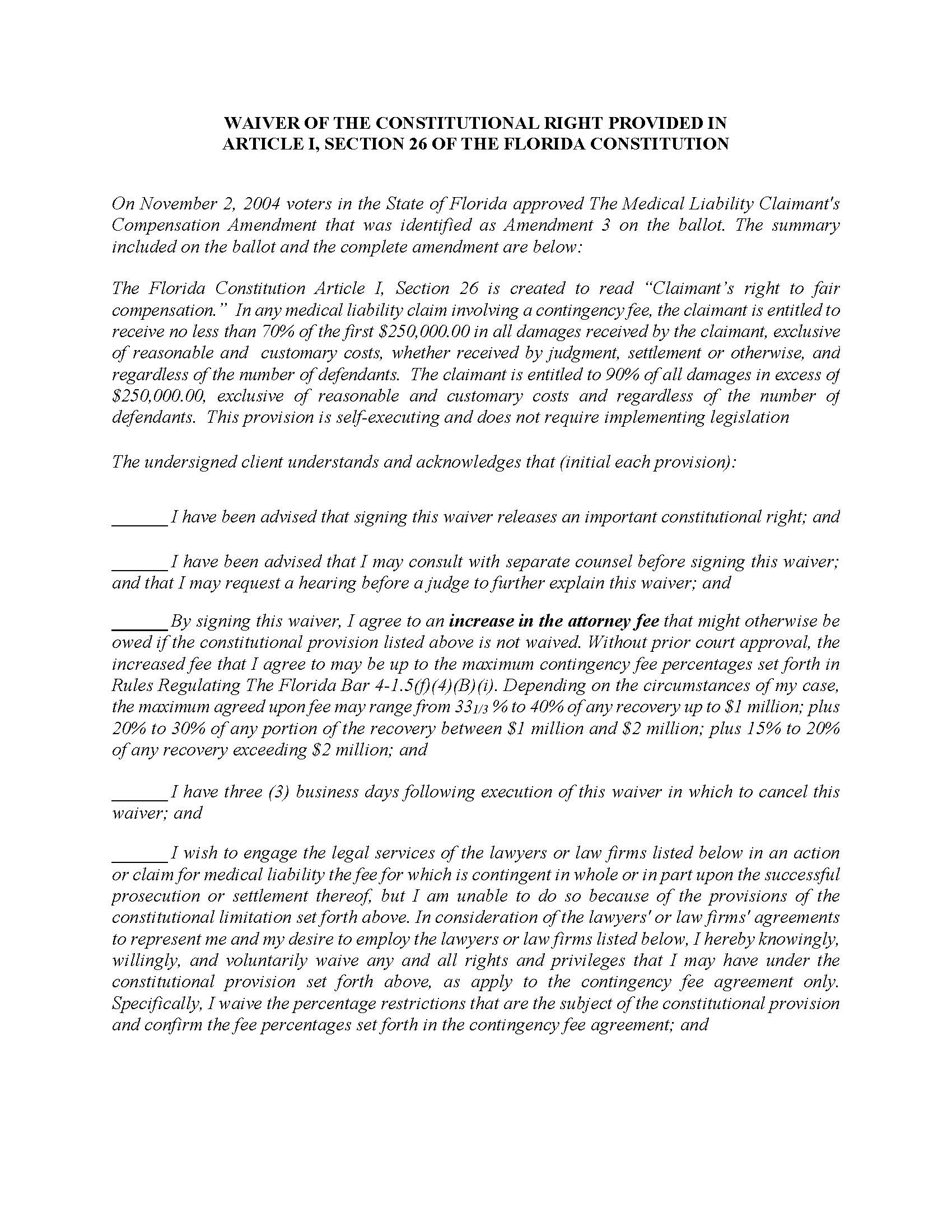 Waiver Of Constitutional Right Provided In Article I Section 26 (Medical Liability Clamants Compensation) | Pdf Fpdf Doc Docx | Florida