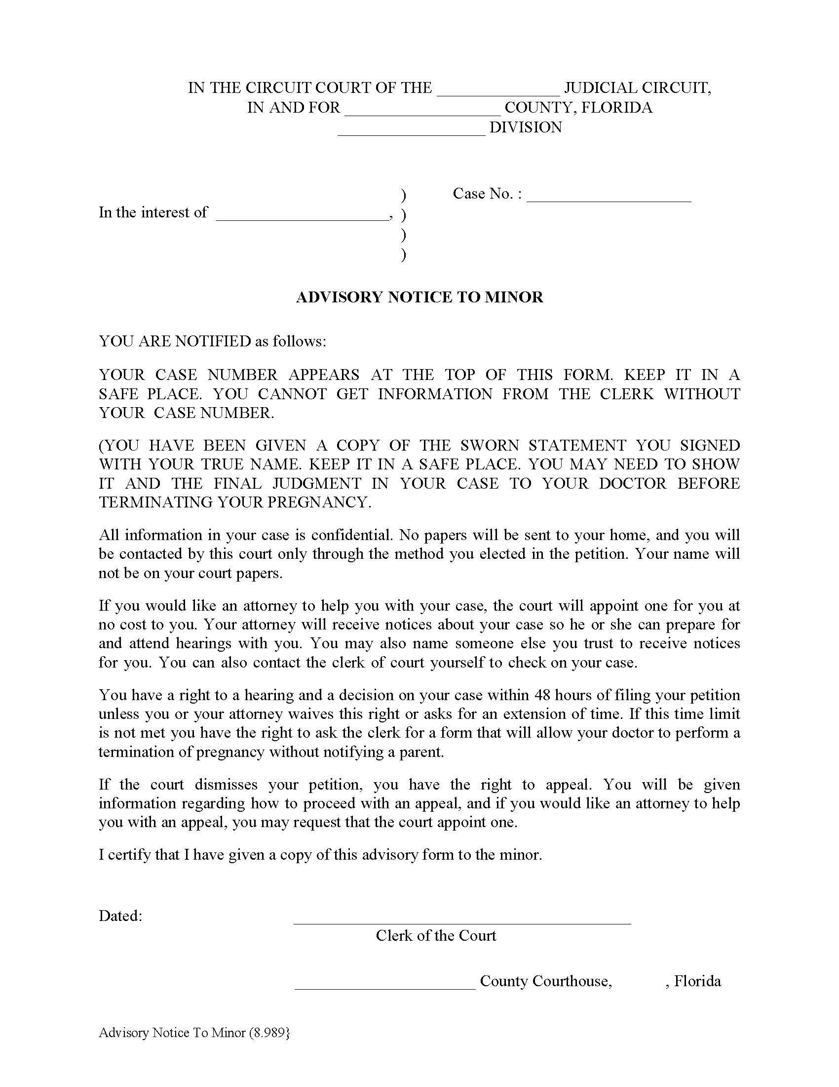 Advisory Notice To Minor {8.989} | Pdf Fpdf Doc Docx | Florida
