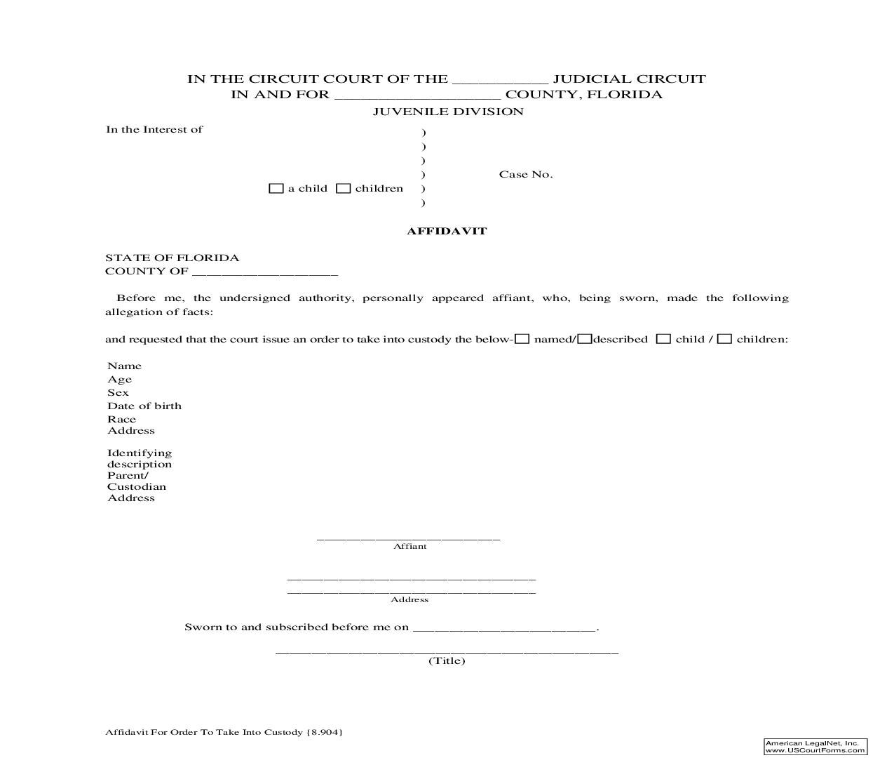 Affidavit For Order To Take Into Custody {8.904} | Pdf Fpdf Doc Docx | Florida