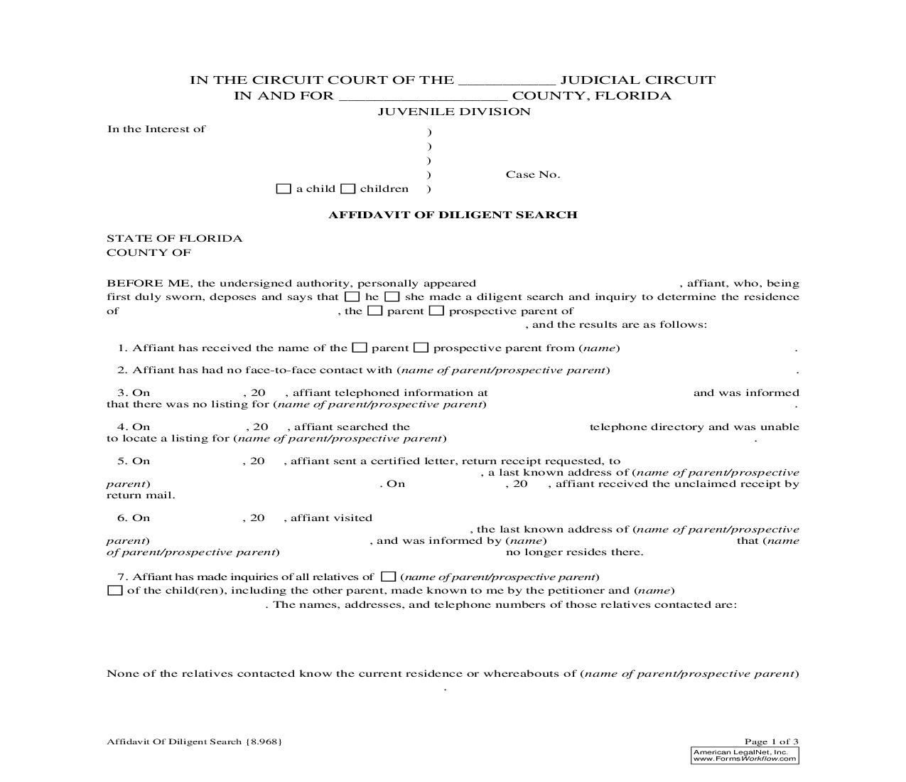 Affidavit Of Diligent Search {8.968} | Pdf Fpdf Doc Docx | Florida