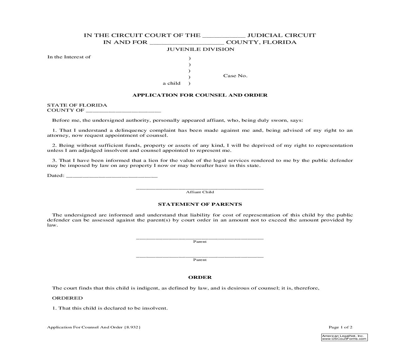 Application For Counsel And Order {8.932} | Pdf Fpdf Doc Docx | Florida
