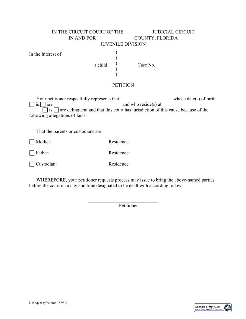 Delinquency Petition {8.931} | Pdf Fpdf Docx | Florida