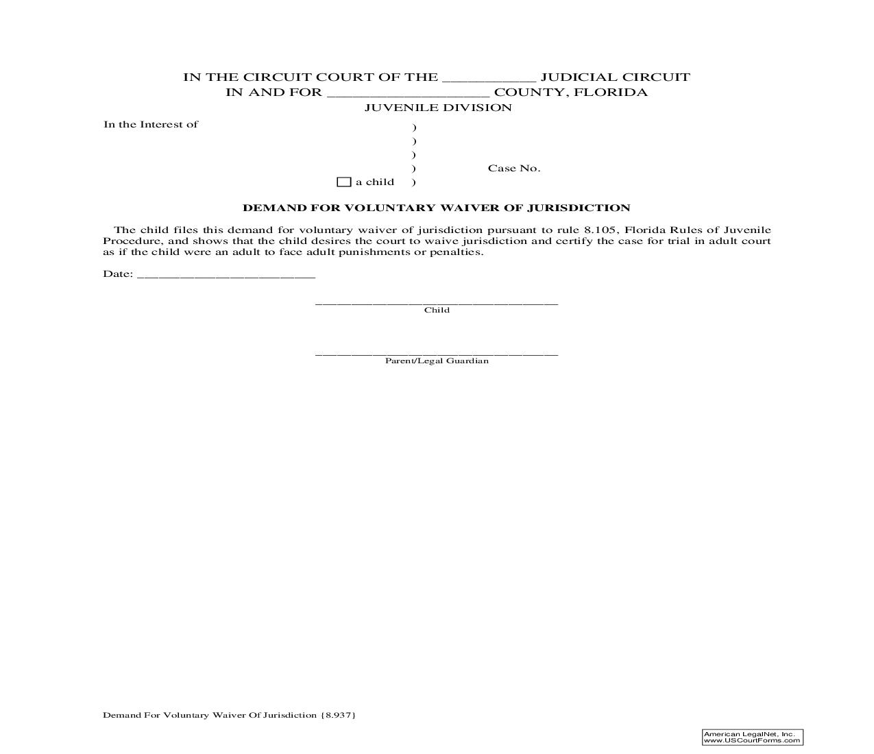 Demand For Voluntary Waiver Of Jurisdiction {8.937} | Pdf Fpdf Doc Docx | Florida