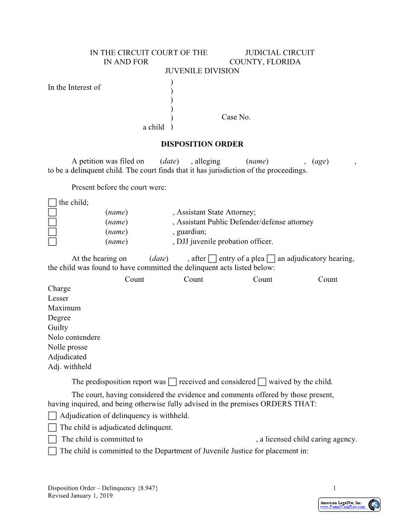 Disposition Order Delinquency {8.947} | Pdf Fpdf Docx | Florida
