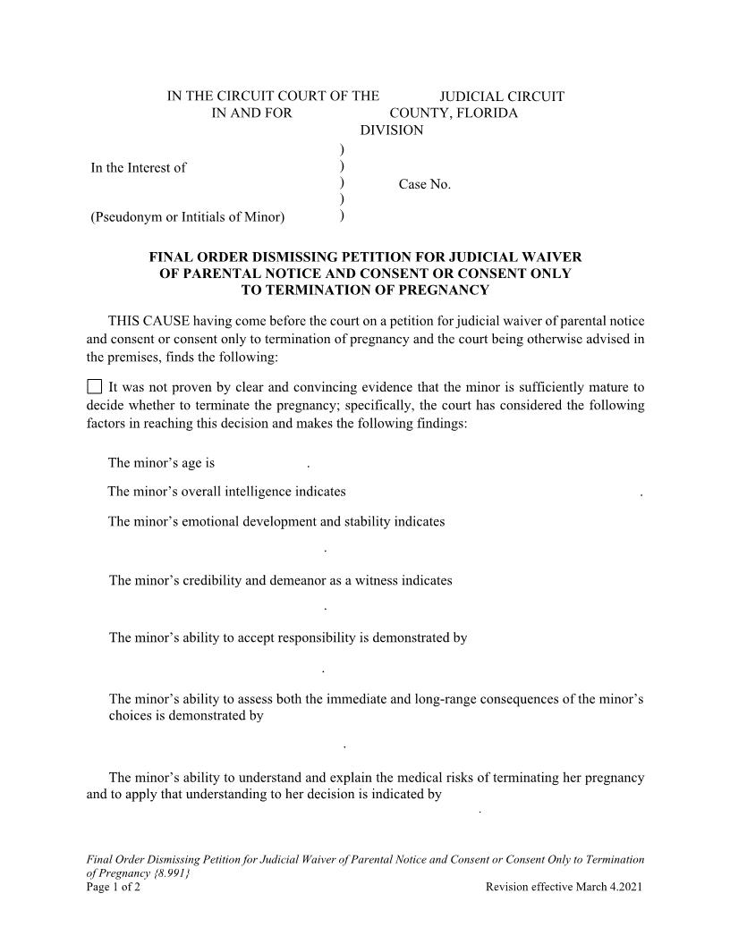Final Order Dismissing Judicial Waiver Parental Notice Consent To Termination Of Pregnancy {8.991} | Pdf Fpdf Docx | Florida