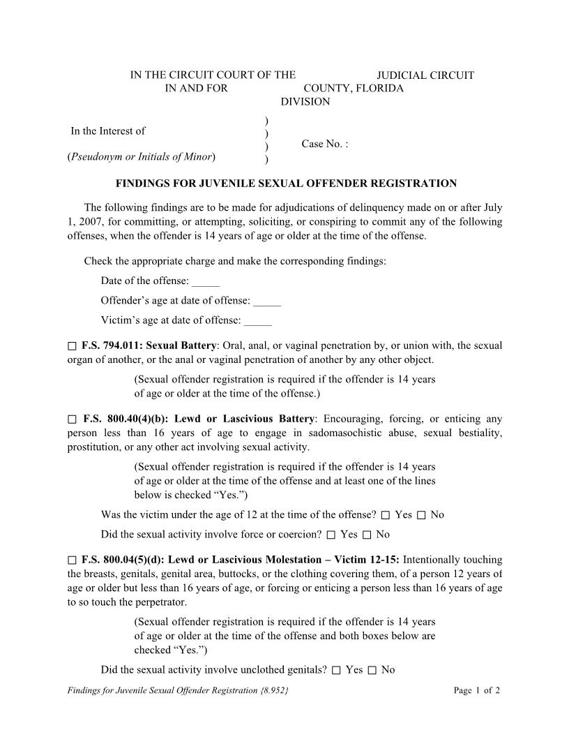 Findings For Juvenile Sexual Offender Registration {8.952} | Pdf Fpdf Docx | Florida