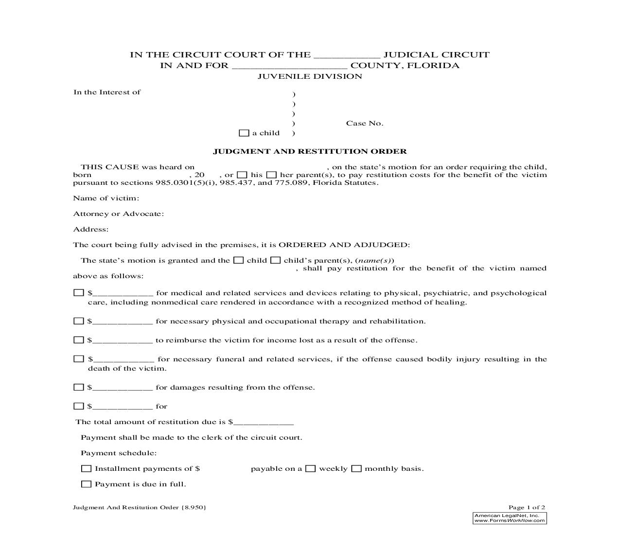 Judgment And Restitution Order {8.950} | Pdf Fpdf Doc Docx | Florida