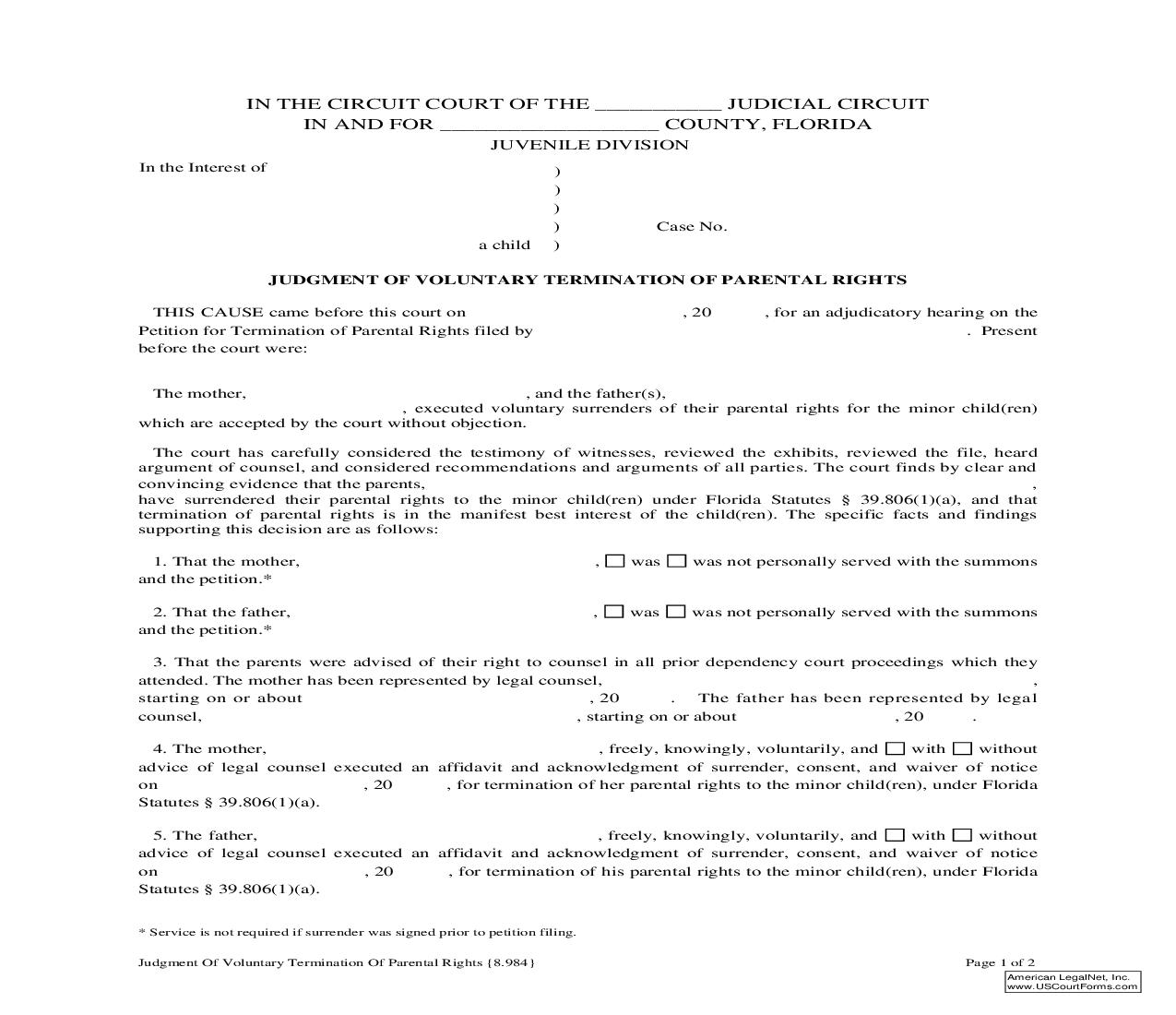 Judgment Of Voluntary Termination Of Parental Rights {8.984} | Pdf Fpdf Doc Docx | Florida