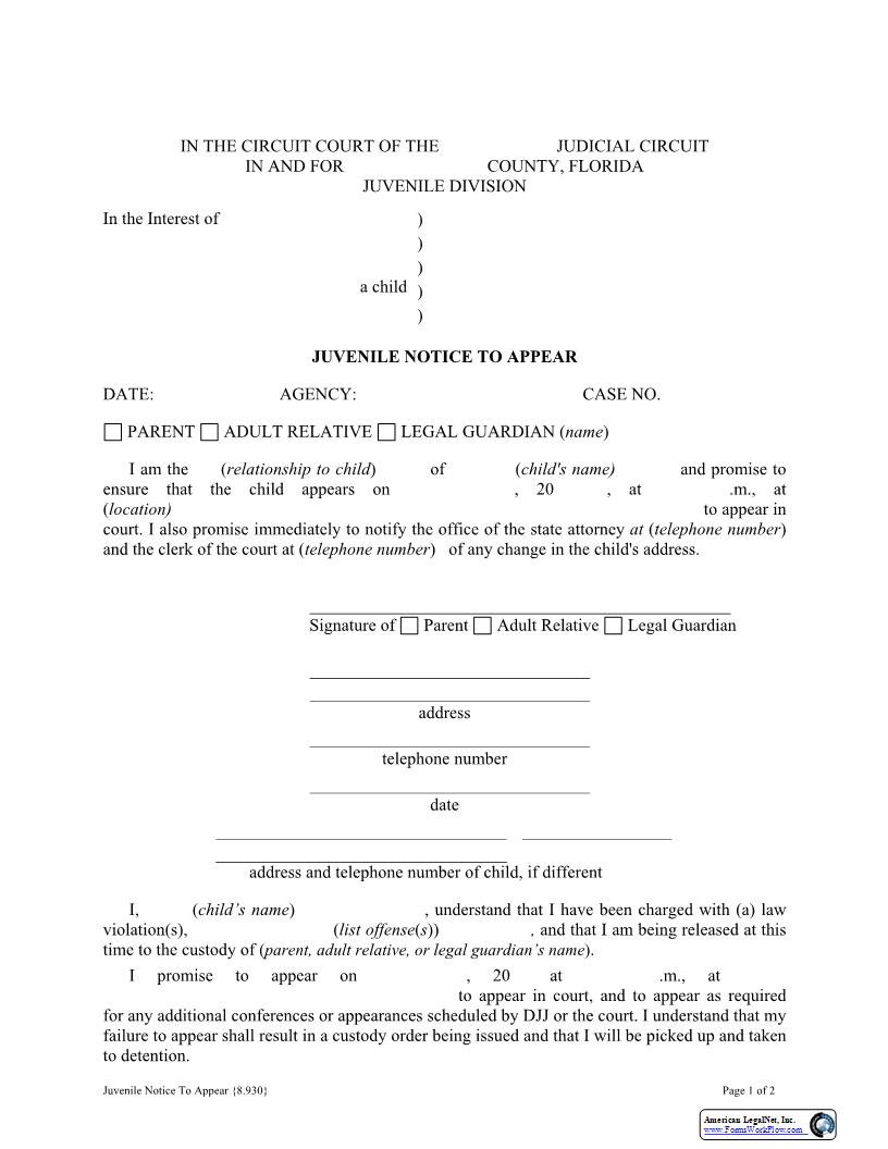 Juvenile Notice To Appear {8.930} | Pdf Fpdf Docx | Florida