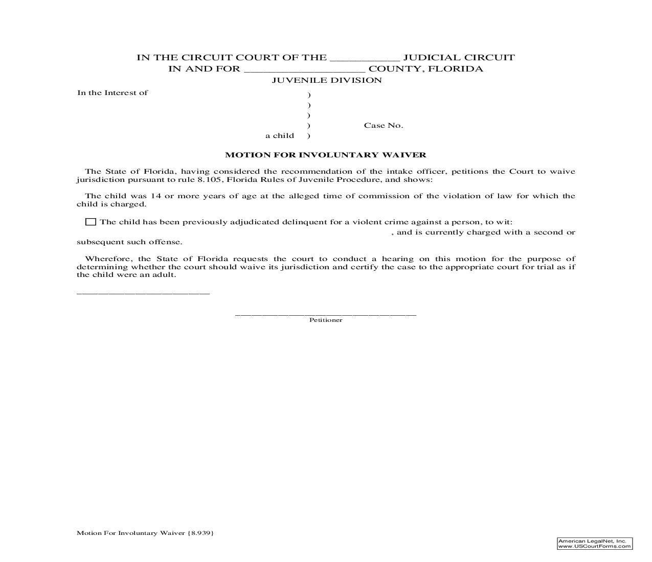 Motion For Involuntary Waiver {8.939} | Pdf Fpdf Doc Docx | Florida