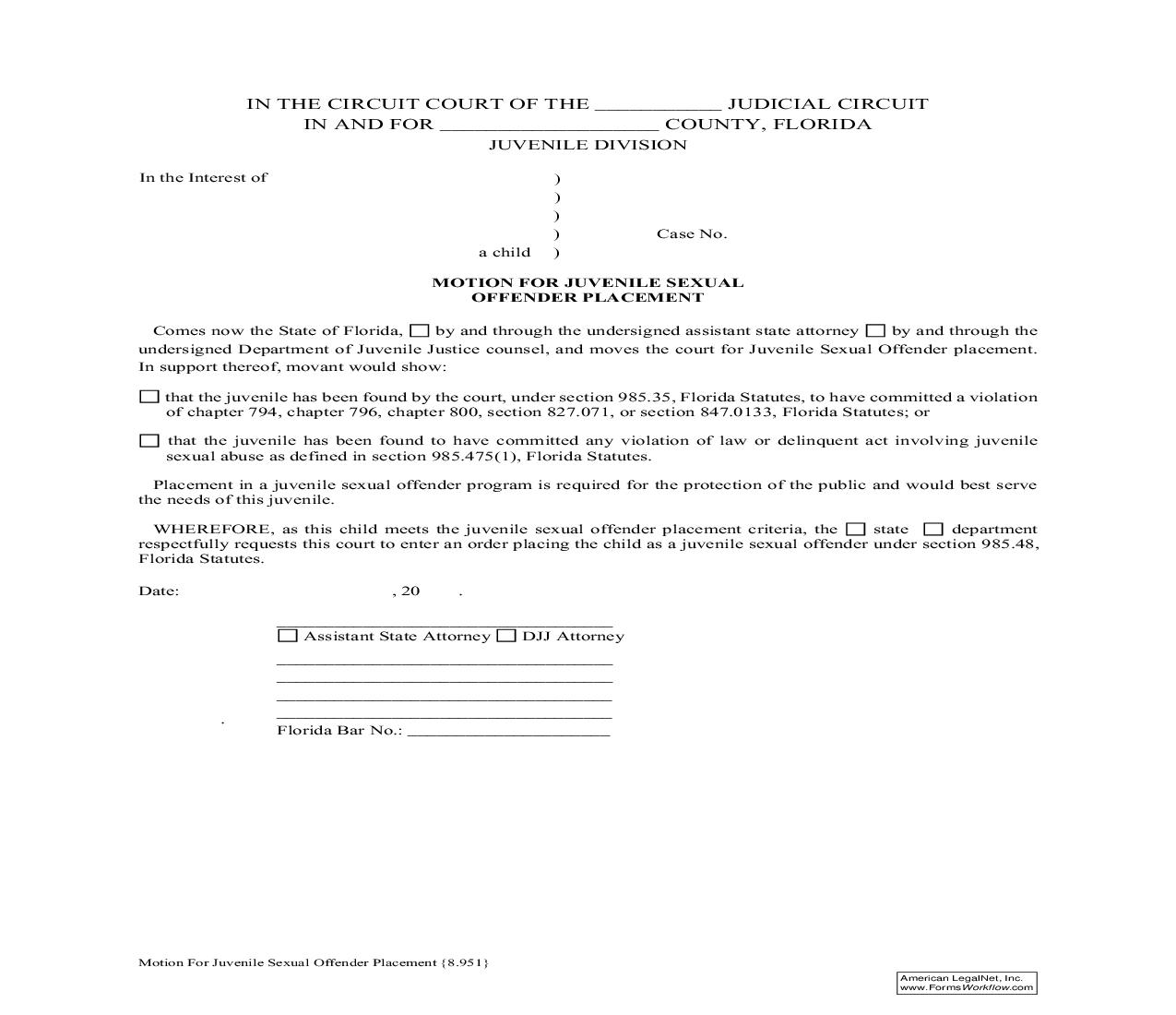 Motion For Juvenile Sexual Offender Placement {8.951} | Pdf Fpdf Doc Docx | Florida