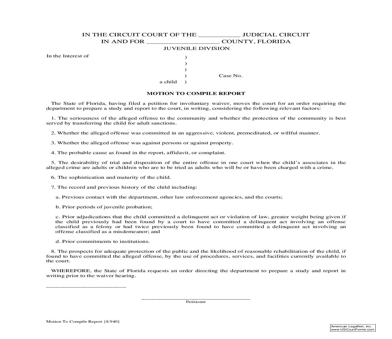 Motion To Compile Report {8.940} | Pdf Fpdf Doc Docx | Florida