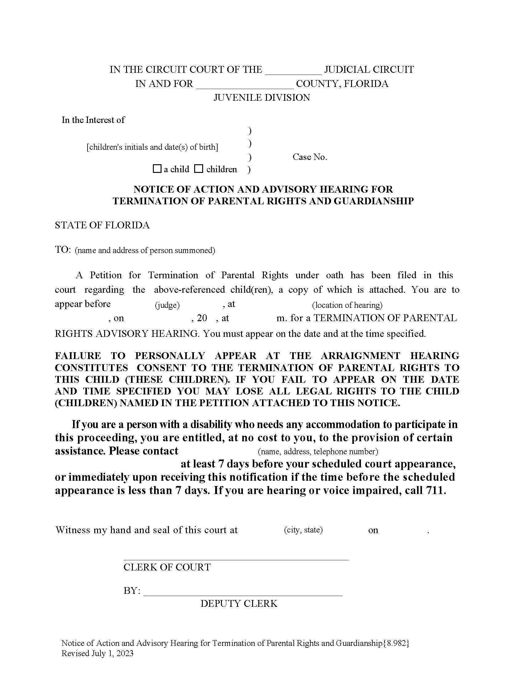 Notice Of Action Advisory Hearing Termination Of Parental Rights Guardianship {8.982} | Pdf Fpdf Docx | Florida