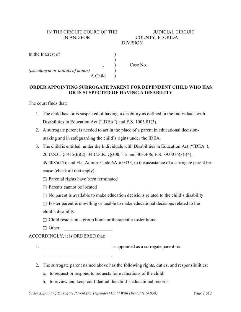 Order Appointing Surrogate Parent For Dependent Child With Disability {8.958} | Pdf Fpdf Docx | Florida