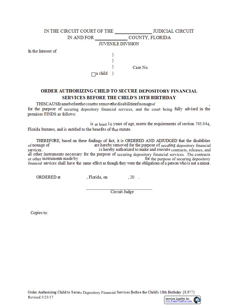 Order Authorizing Child To Secure Depository Financial Services Before Childs 18th Birthday {8.978} | Pdf Fpdf Docx | Florida
