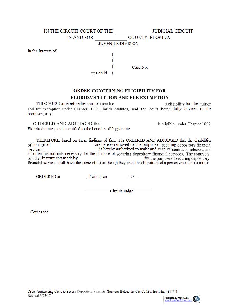 Order Concerning Eligibility For Tuition And Fee Exemption {8.978(a)} | Pdf Fpdf Docx | Florida