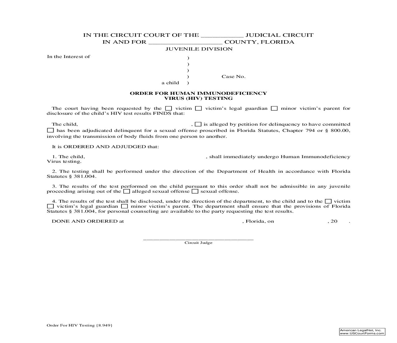 Order For HIV Testing {8.949} | Pdf Fpdf Doc Docx | Florida