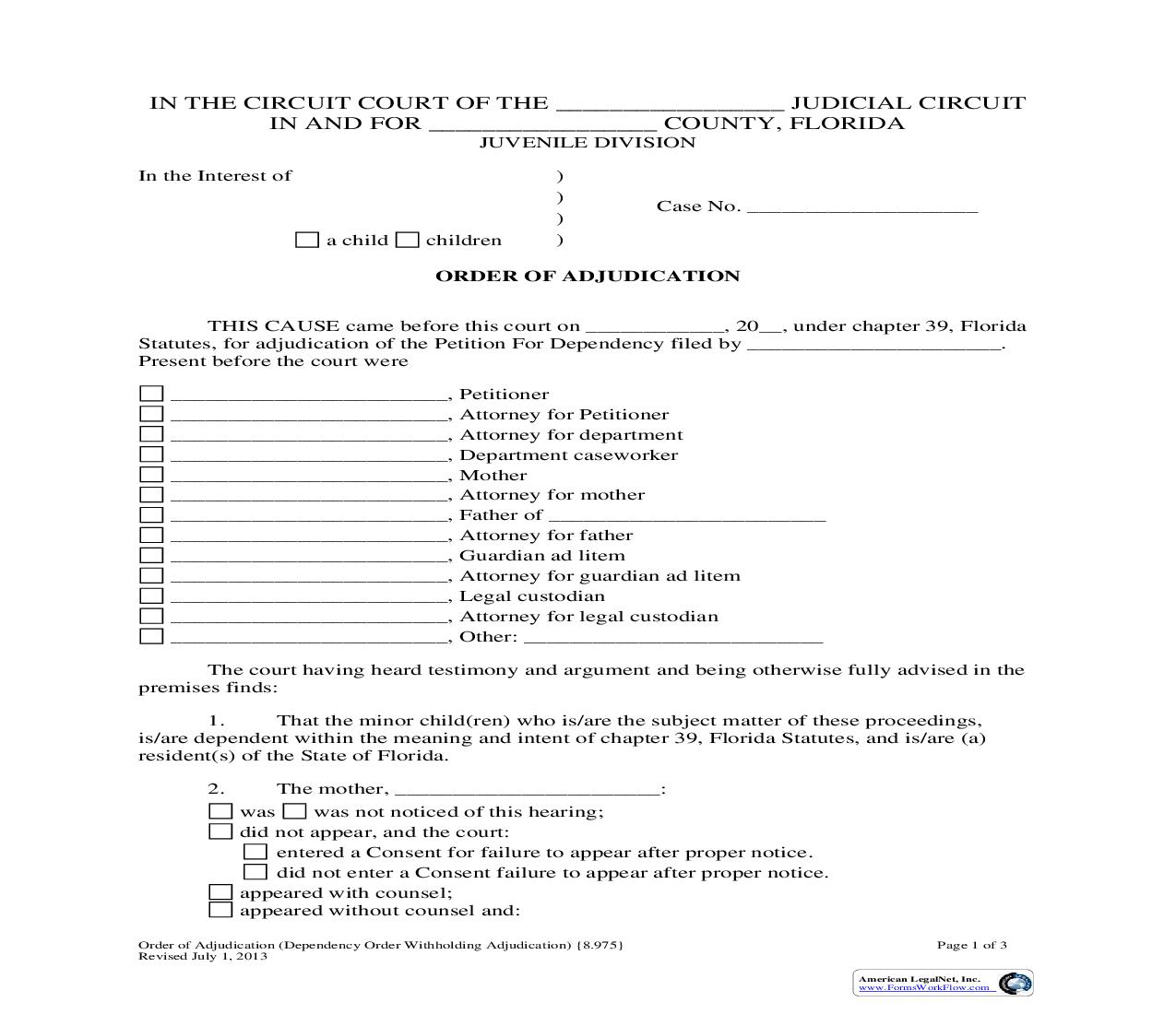 Order Of Adjudication (Dependency Order Withholding Adjudication) {8.975} | Pdf Fpdf Doc Docx | Florida