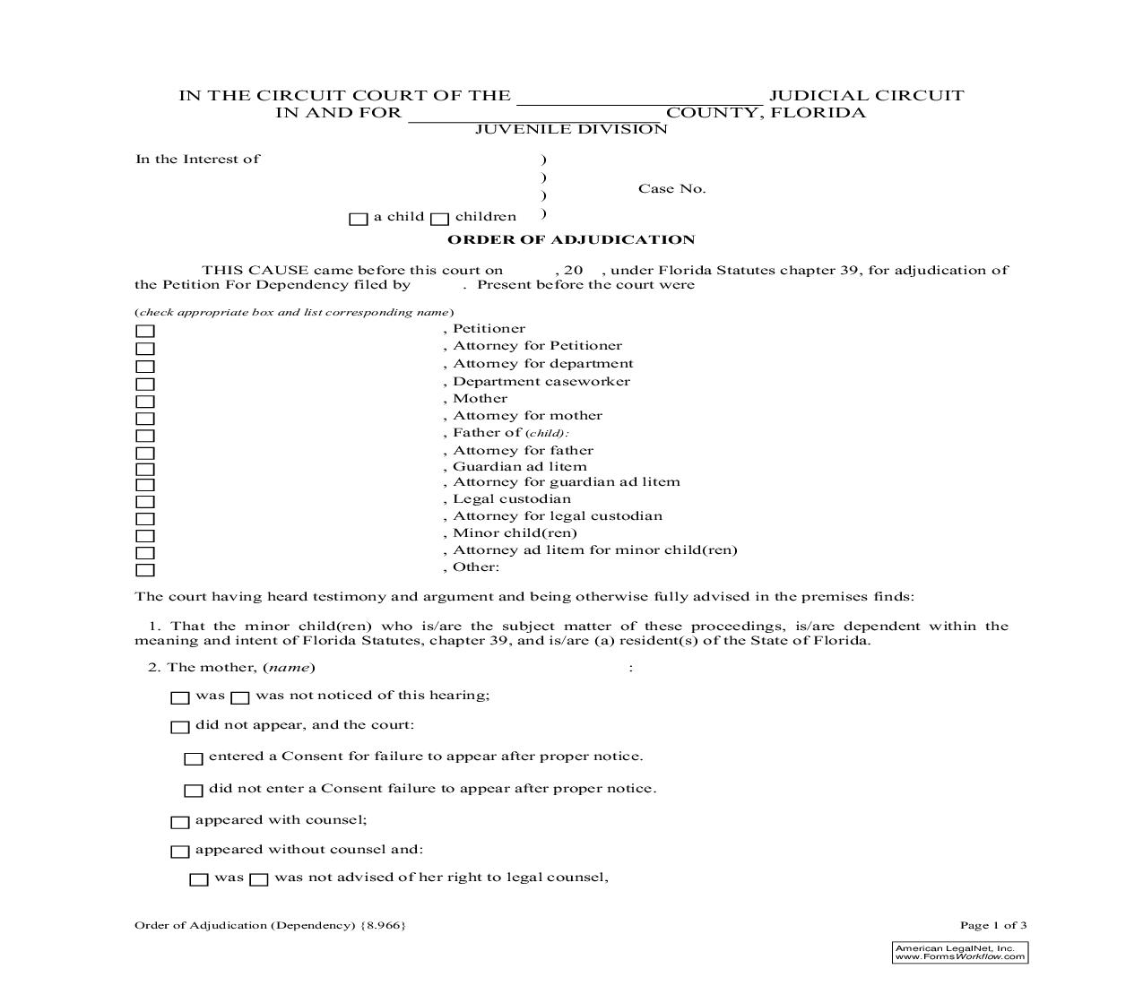 Order Of Adjudication (Dependency) {8.966} | Pdf Fpdf Doc Docx | Florida