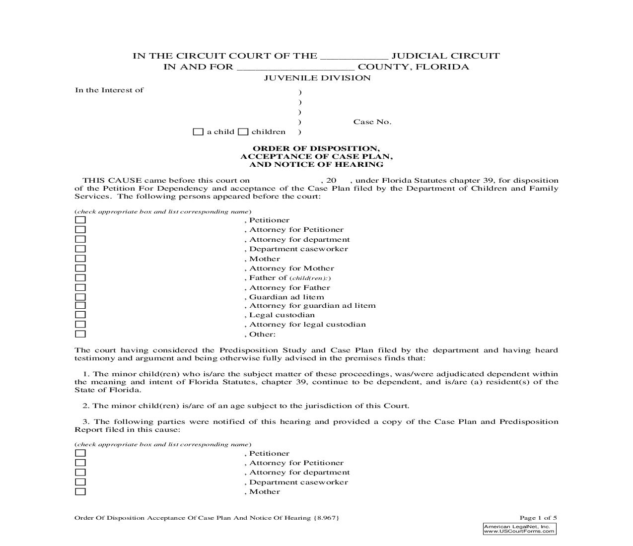 Order Of Disposition Acceptance Of Case Plan And Notice Of Hearing {8.967} | Pdf Fpdf Docx | Florida