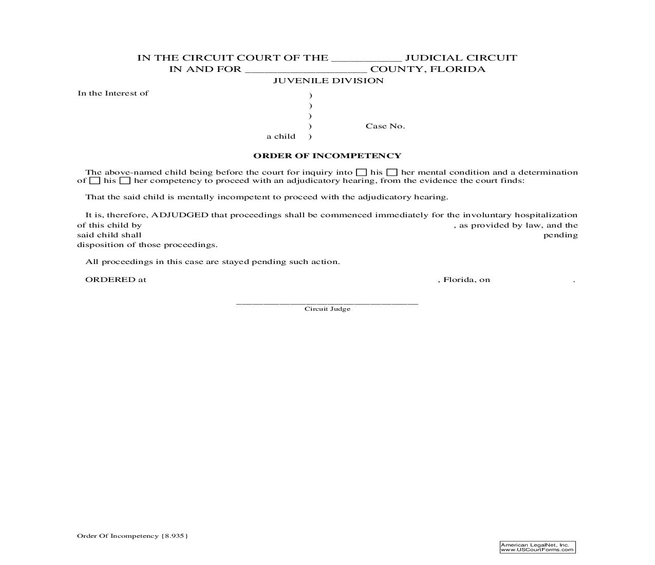 Order Of Incompetency {8.935} | Pdf Fpdf Doc Docx | Florida