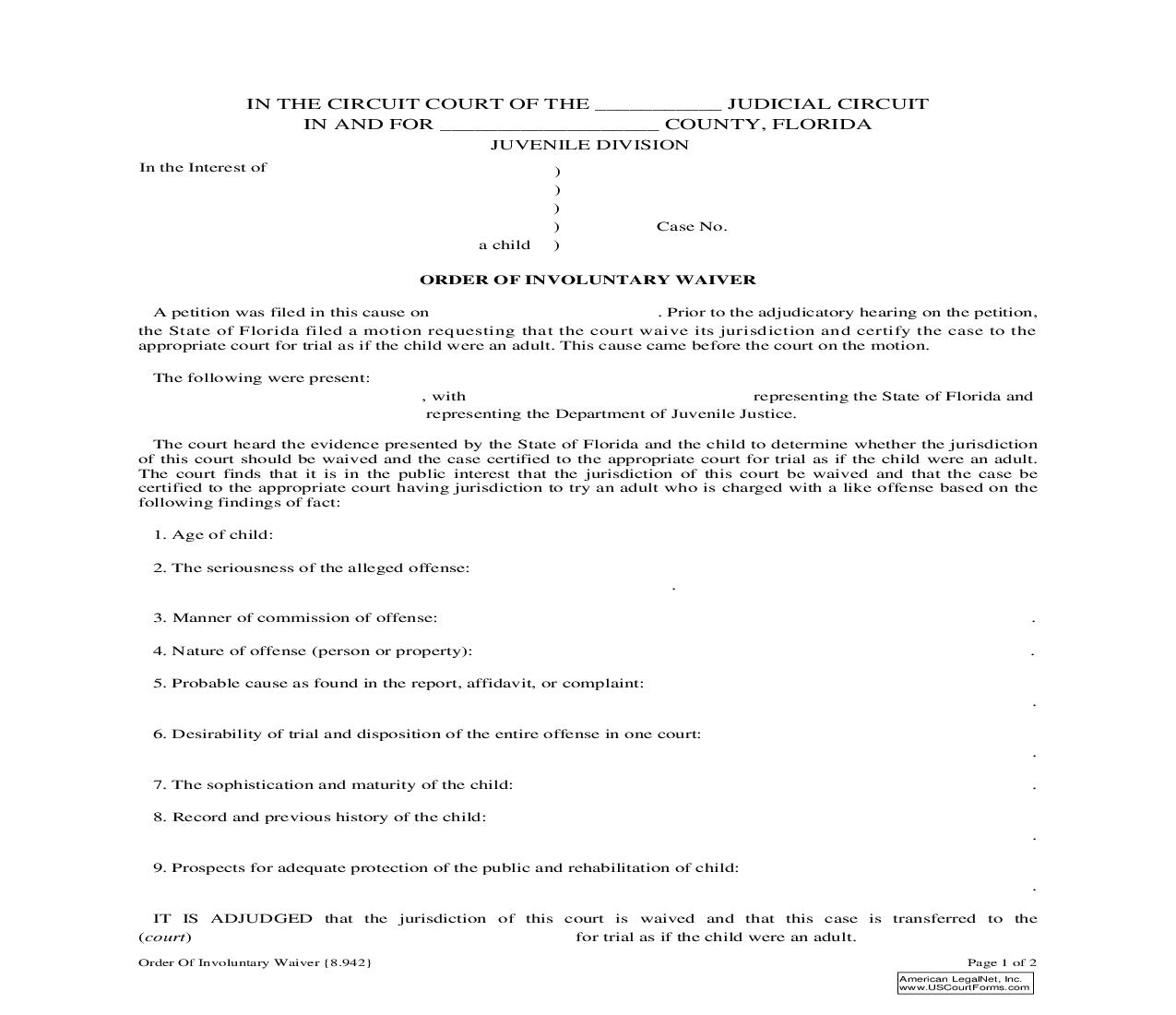 Order Of Involuntary Waiver {8.942} | Pdf Fpdf Doc Docx | Florida