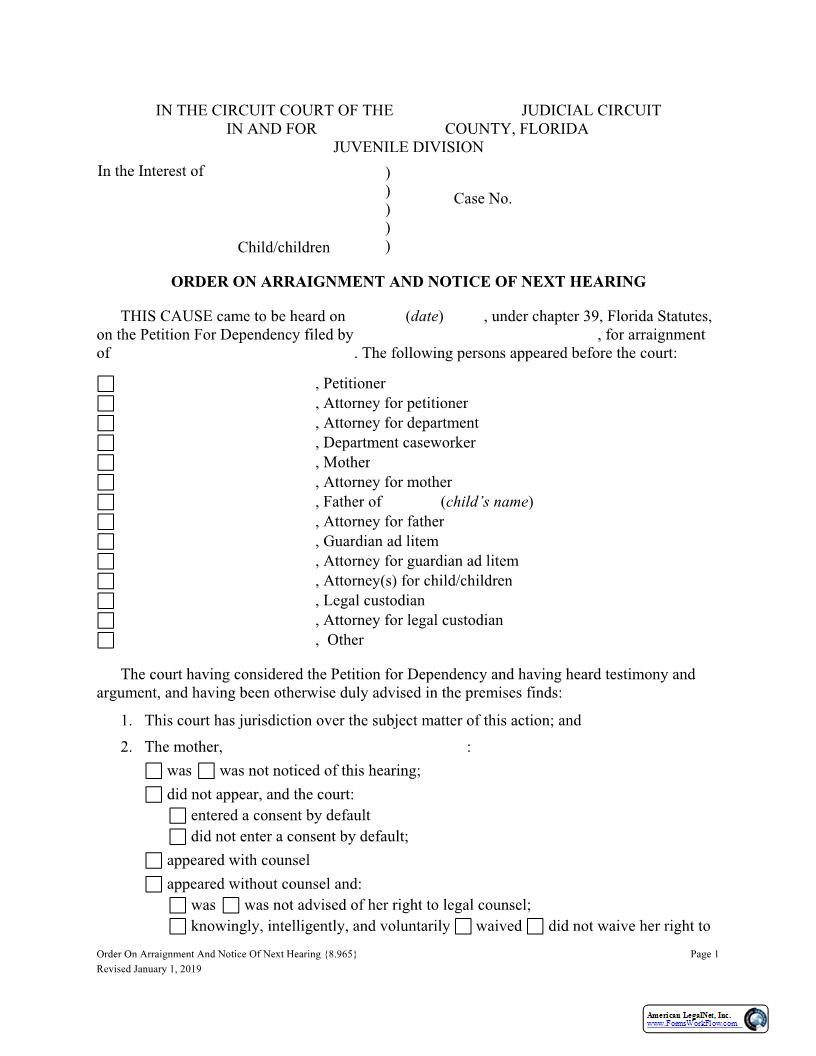 Order On Arraignment And Notice Of Next Hearing {8.965} | Pdf Fpdf Docx | Florida