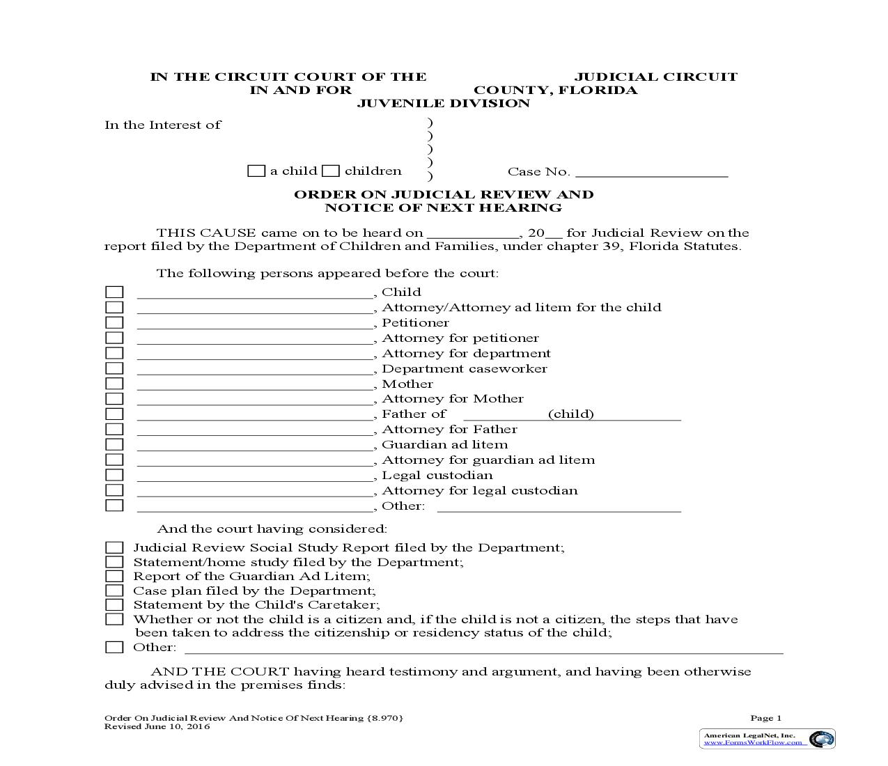 Order On Judicial Review And Notice Of Next Hearing {8.970} | Pdf Fpdf Doc Docx | Florida