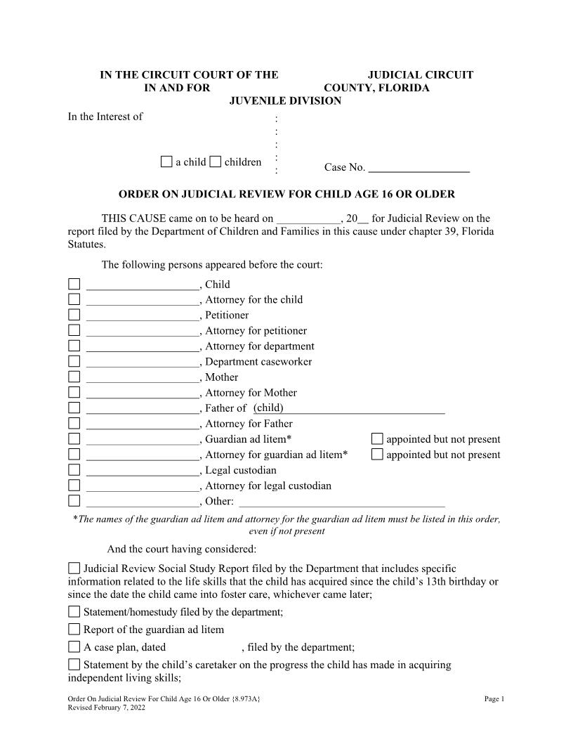 Order On Judicial Review For Child Age 16 Or Older {8.973A} | Pdf Fpdf Docx | Florida