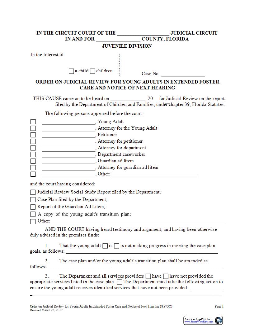 Order On Judicial Review Young Adults Extended Foster Care Notice Next Hearing {8.973C} | Pdf Fpdf Docx | Florida