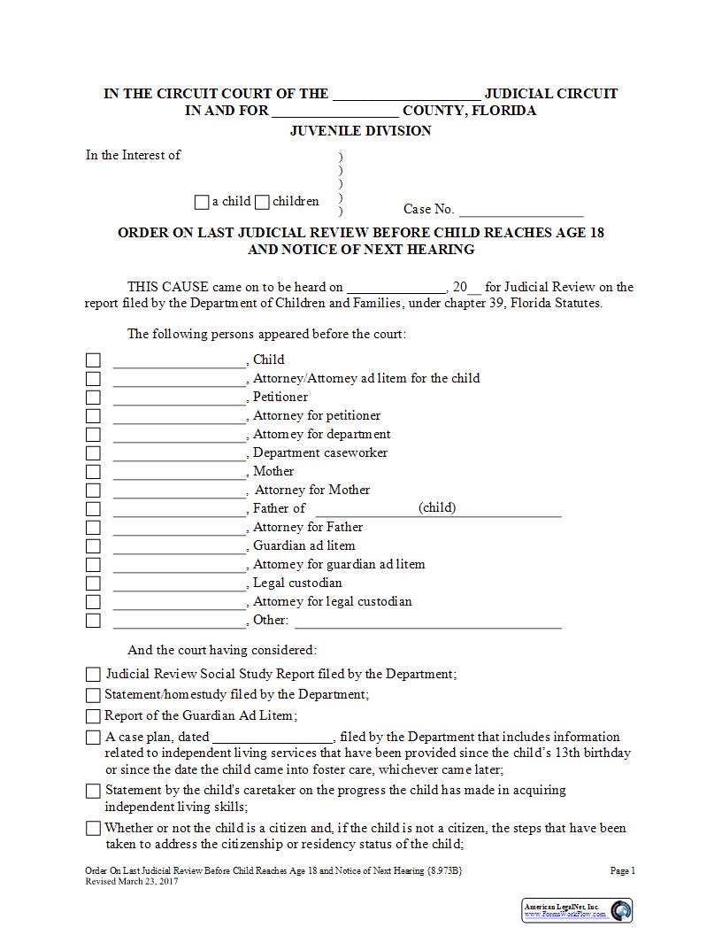 Order On Last Judicial Review Before Child Reaches 18 Notice Of Next Hearing {8.973B} | Pdf Fpdf Docx | Florida