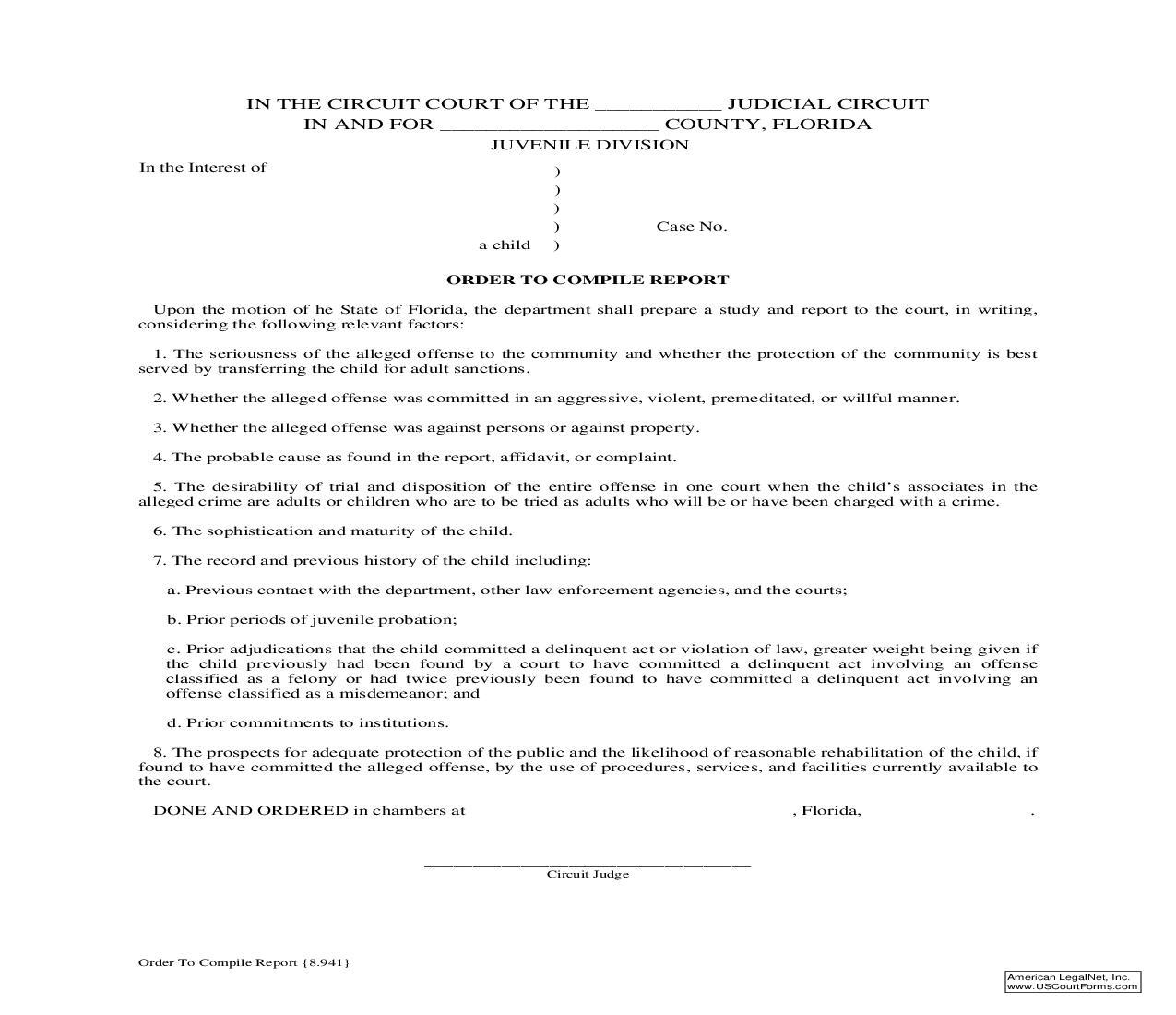 Order To Compile Report {8.941} | Pdf Fpdf Doc Docx | Florida